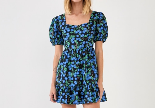 [ENGLISH FACTORY]Blueberry Print Mini Dress with Puff Sleeves