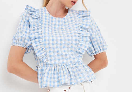 [ENGLISH FACTORY]Embroidered Gingham Checked Ruffle Top