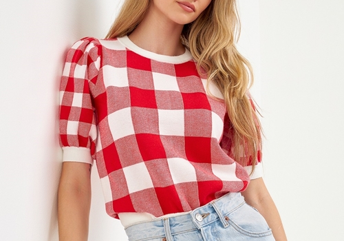 [ENGLISH FACTORY]Gingham Short Puff Sleeve Knit Top