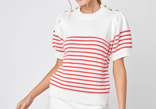 [ENGLISH FACTORY] STRIPED SHORT PUFF SLEEVE SWEATER WITH BUTTONS