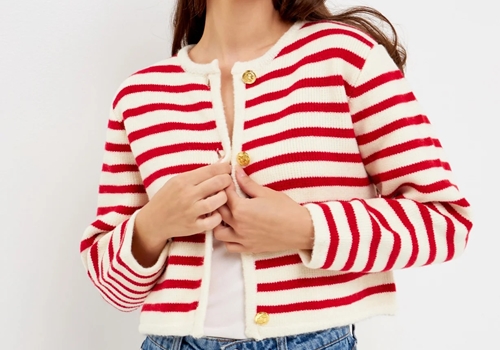[ENGLISH FACTORY] KNIT STRIPED SWEATER CARDIGAN_RED CREAM
